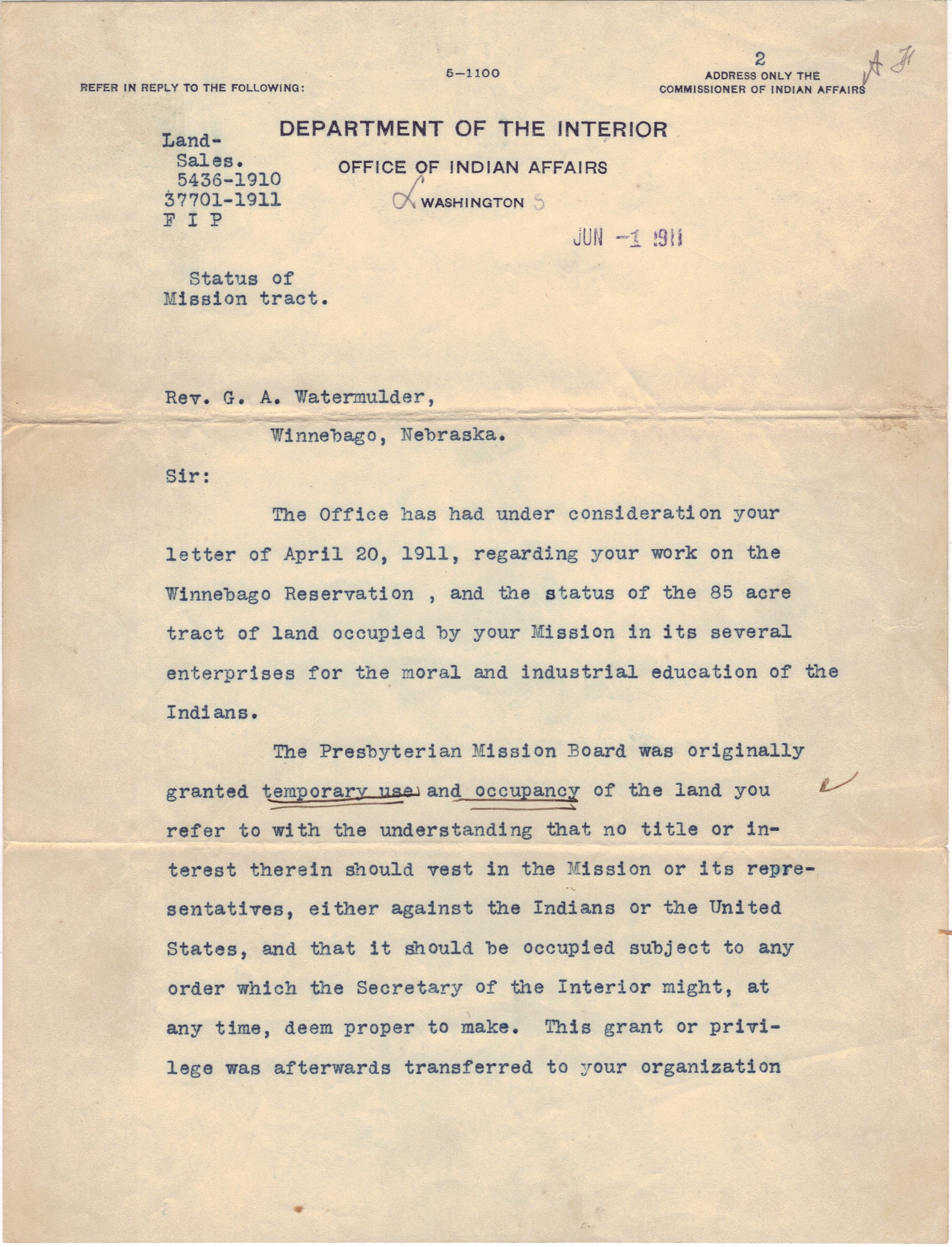 June 1, 1911: Status of Mission land ownership (1)